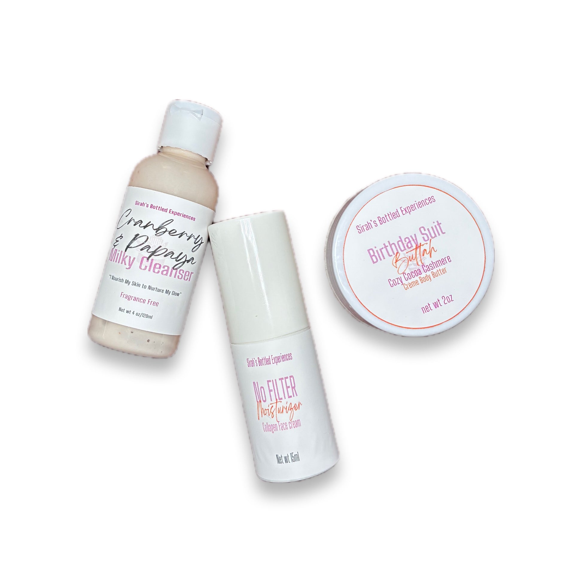 Three travel sized skincare products from sirahs bottled experiences  on a white background