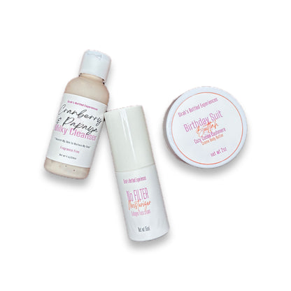 Three travel sized skincare products from sirahs bottled experiences  on a white background