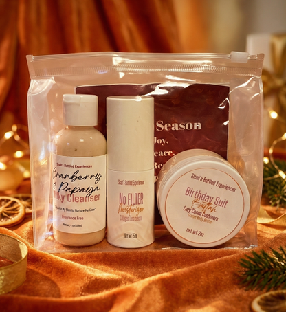 Three skincare products on a decorative surface with a warm, blurred background